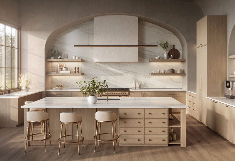 Warm wood kitchen with an arched range wall and a marble-look island