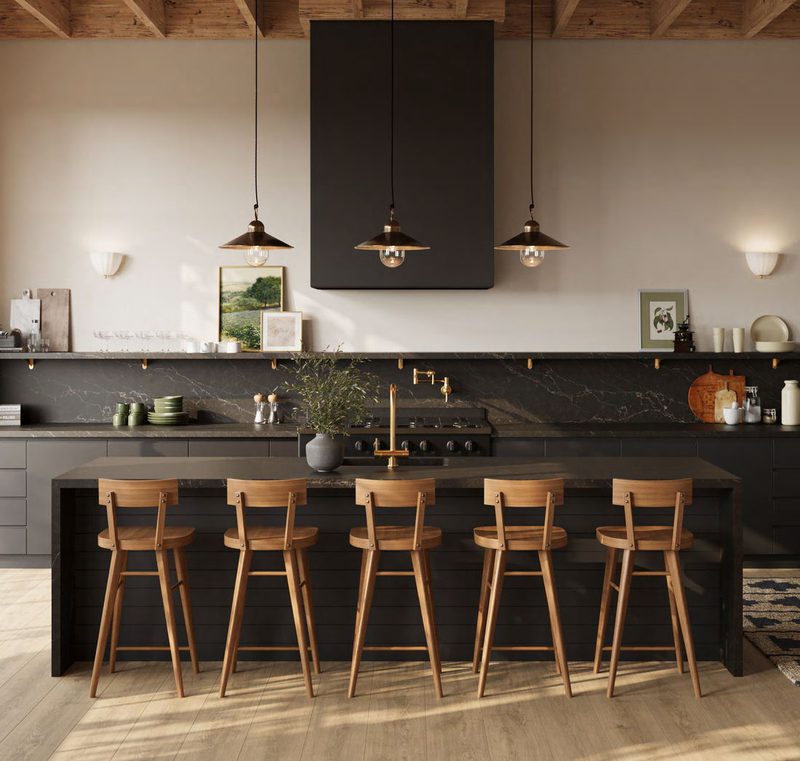 Dark island under exposed beams with black stone counters