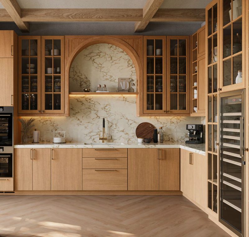 Contemporary kitchen with a full-height stone backsplash