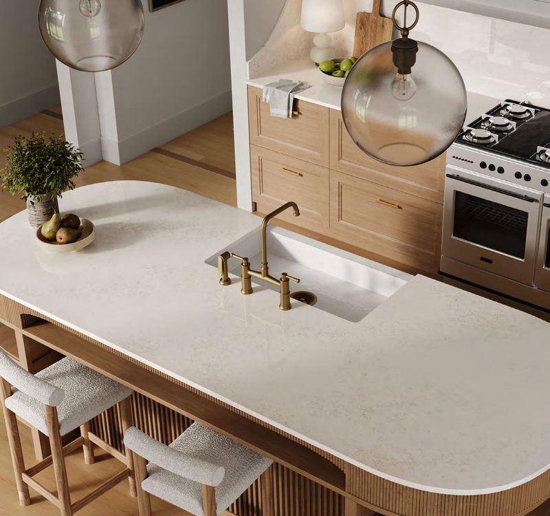 Stone vanity surface in a bathroom setting