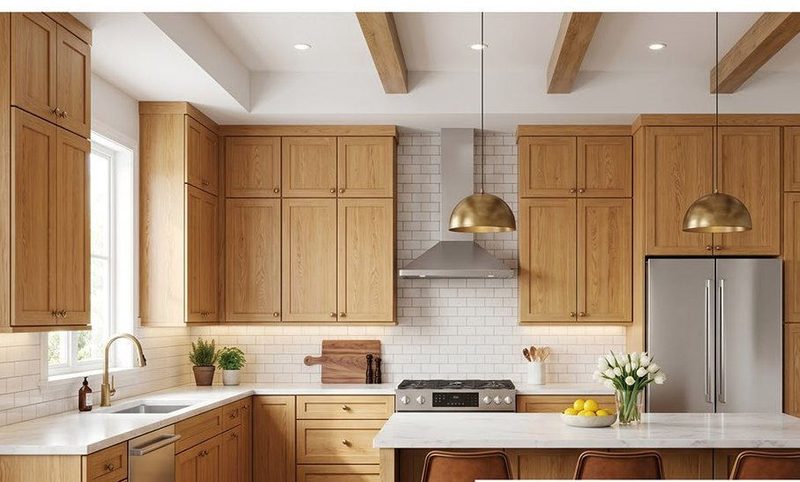 Oak Shaker kitchen cabinets in a finished kitchen